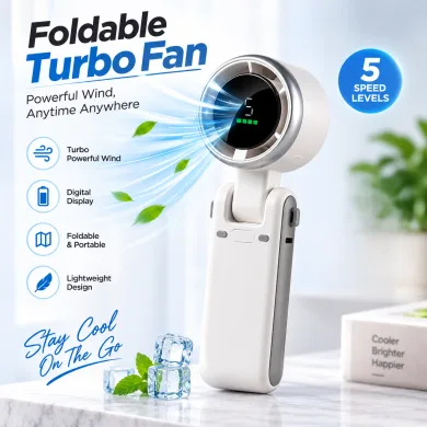 Foldable Powerful Winds Turbo Handheld Fan – 1800mAh Rechargeable Portable Mini Fan with 5 Speed Levels, 180° Foldable Design, Type-C Fast Charging &amp; Lanyard thumbnail