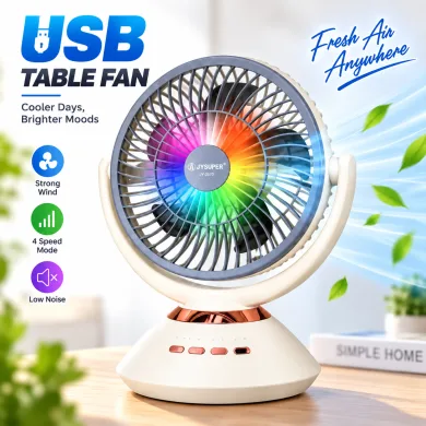 JYSUPER JY-2570 Rechargeable Stand/Table Fan with LED Light – 4 Speed Levels, 100° Auto Oscillation, 115° Tilt, Timer &amp; Solar Panel Charging Support thumbnail