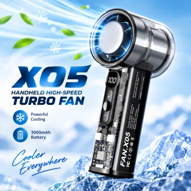 X05 Handheld High-Speed Turbo Cooling Fan – 3000mAh Battery, Ice Cooling Technology, 1-100 Stepless Speed Control, Digital LED Display &amp; Transparent Design thumbnail