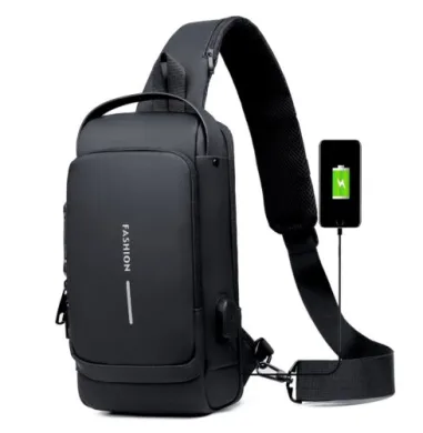 USB charging sport sling Anti-theft shoulder bag (Black) thumbnail