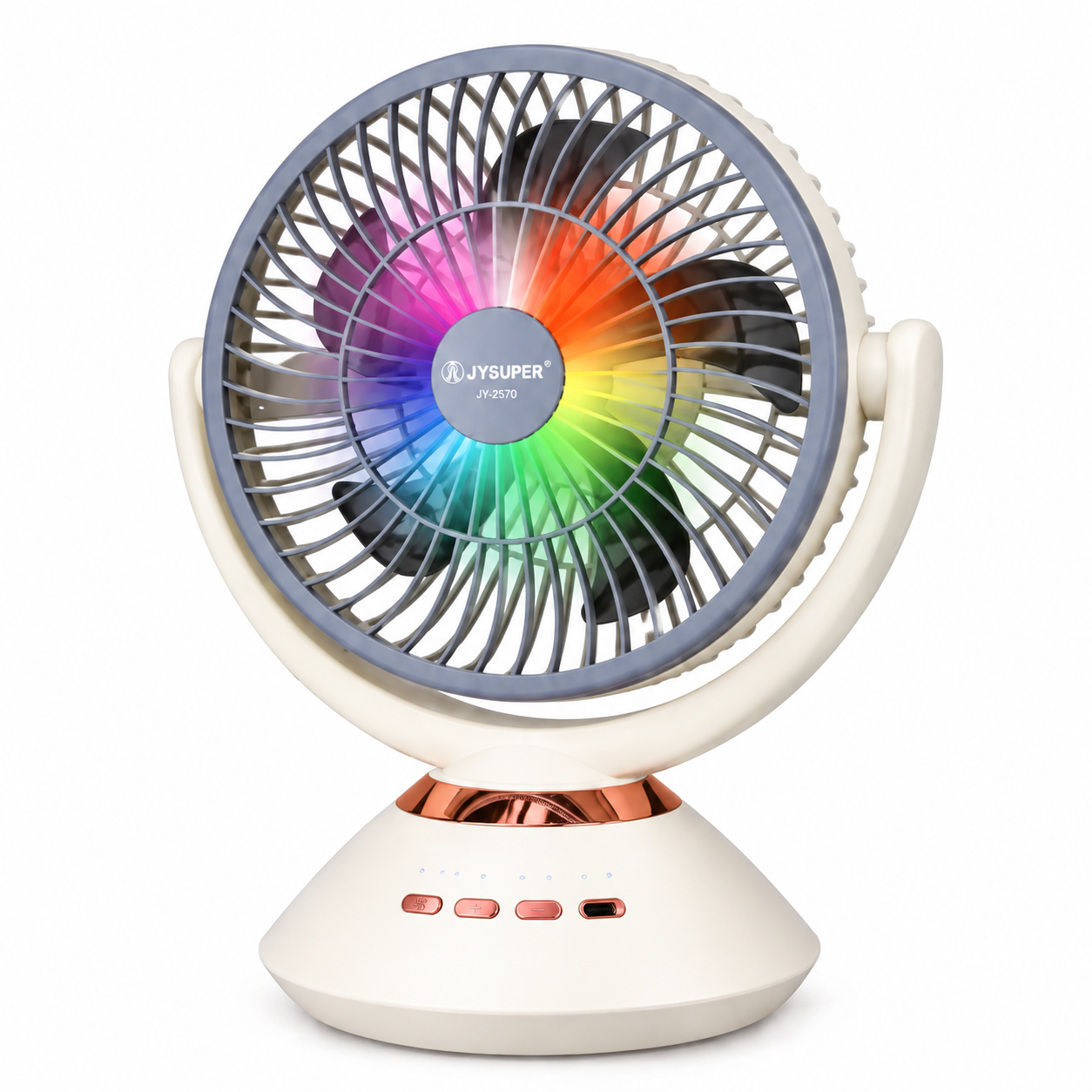 JYSUPER JY-2570 Rechargeable Stand/Table Fan with LED Light – 4 Speed Levels, 100° Auto Oscillation, 115° Tilt, Timer &amp; Solar Panel Charging Support thumbnail