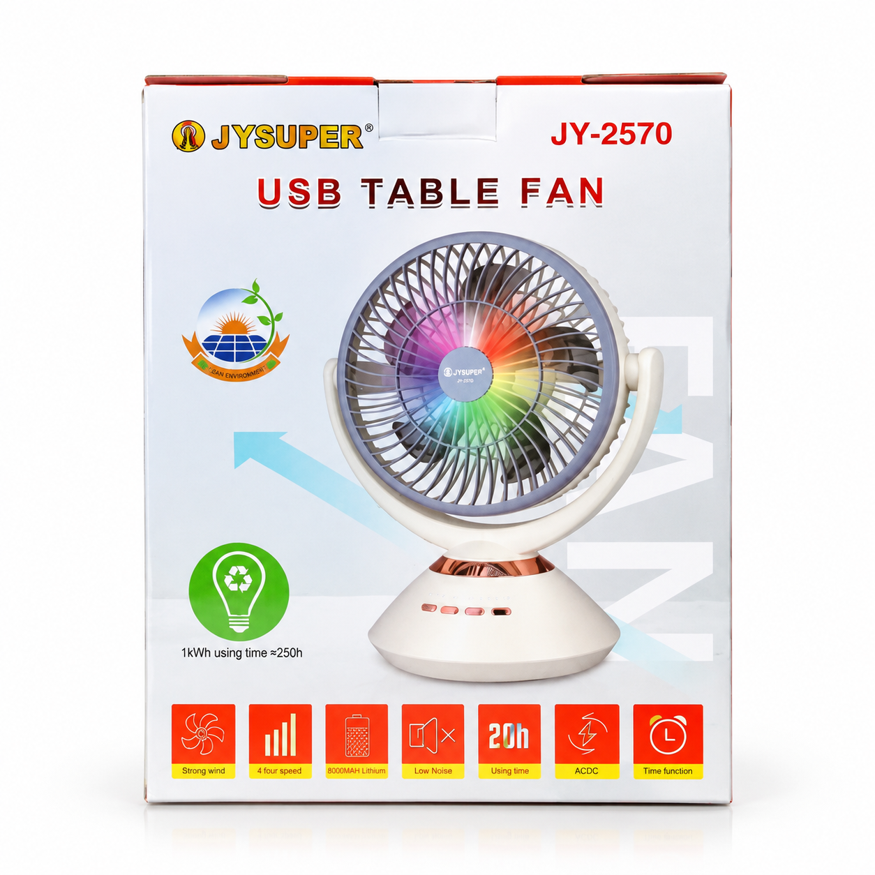 JYSUPER JY-2570 Rechargeable Stand/Table Fan with LED Light – 4 Speed Levels, 100° Auto Oscillation, 115° Tilt, Timer &amp; Solar Panel Charging Support thumbnail