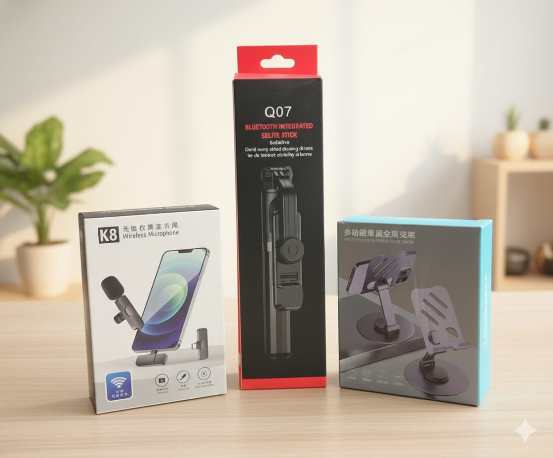 Smart Vlogger&amp;amp;#039;s Combo – K8 Wireless Lavalier Microphone, Q07 Bluetooth Selfie Stick Tripod &amp;amp;amp; 360° Rotating Phone &amp;amp;amp; Tablet Stand for Content Creators thumbnail